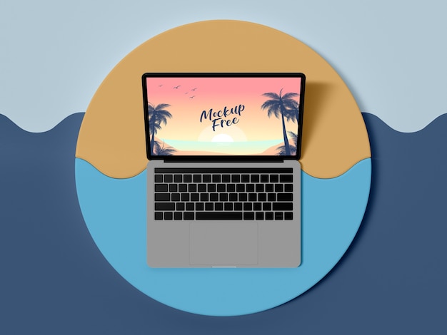 PSD top view laptop summer concept