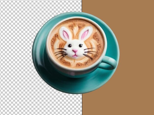 PSD top view of latte coffee with easter bunny foam of chocolate