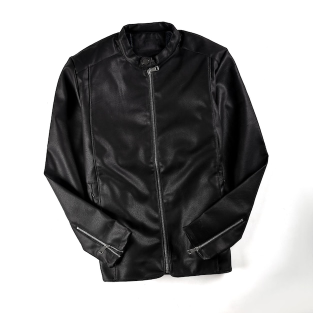 PSD top view of leather jacket with white background