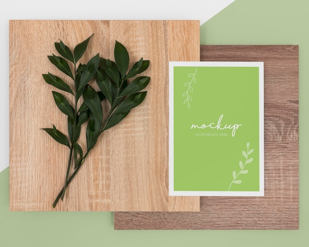 PSD top view leaves, stationery and wood