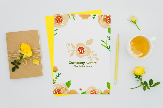 top view lovely paper mock-up with floral assortment
