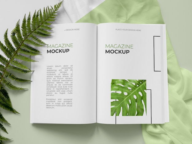 PSD top view magazine and plant mockup