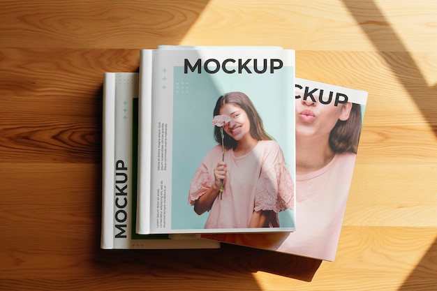 PSD top view on magazine stack mockup