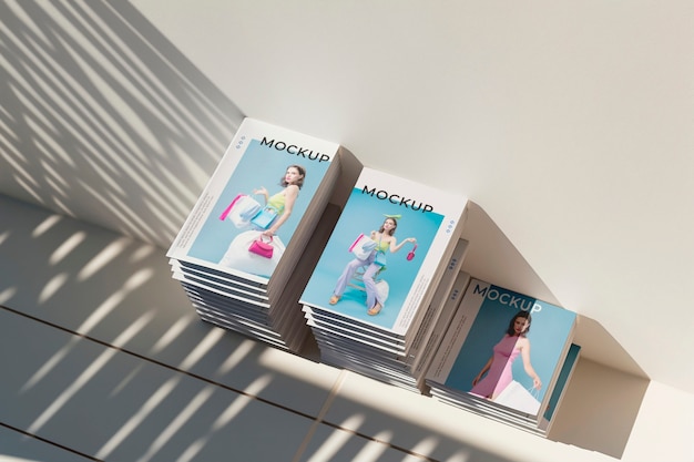 Top view on magazine stack mockup