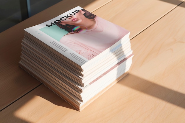 PSD top view on magazine stack mockup