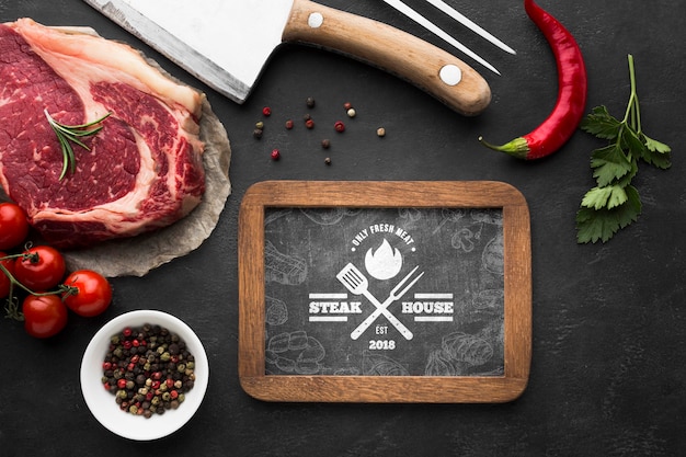 Top view meat products with chalkboard mock-up