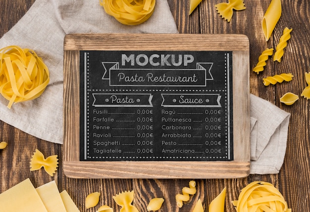 PSD top view menu and pasta assortment