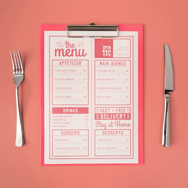 PSD top view of menu with fork and knife