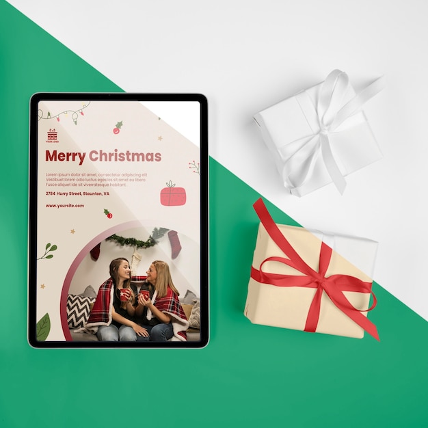 PSD top view merry christmas greeting with mock-up