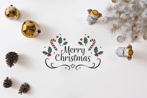 top view merry christmas on white mockup with christmas decoration