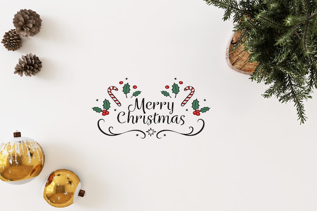 上面図クリスマスの装飾が施された白いモックアップのメリークリスマス