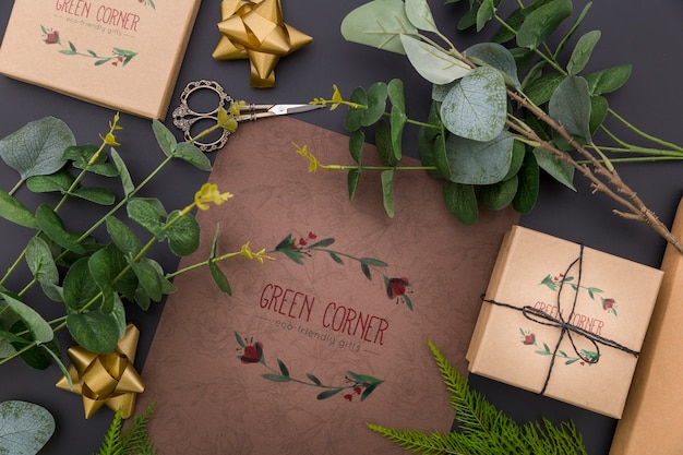 PSD top view mock-up gifts and leaves