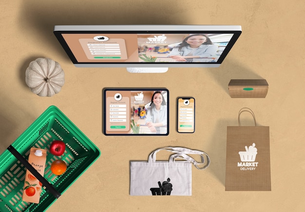 Top view mock-up home groceries