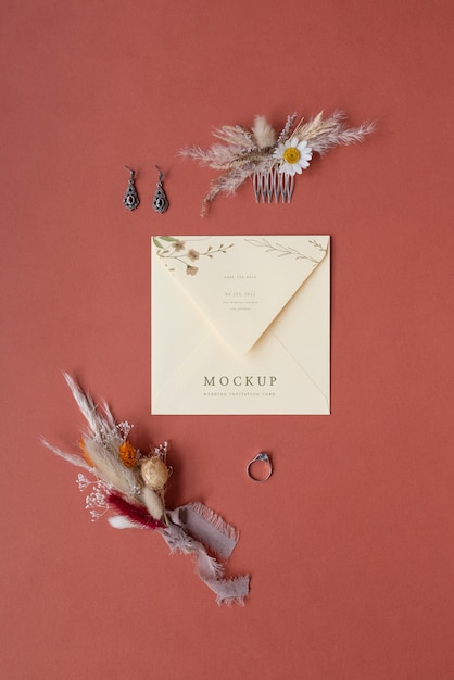 Top view of mock-up rustic paper wedding invitation with leaves and flowers