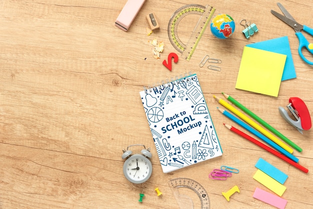 top view of mock-up school supplies