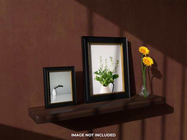 Top view mockup realistic picture frame with flower