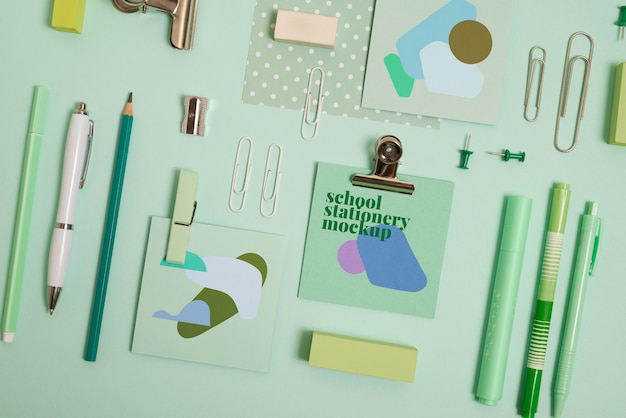 PSD top view of monochrome stationery collection with pastel colors