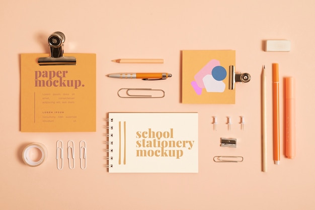 PSD top view of monochrome stationery collection with pastel colors