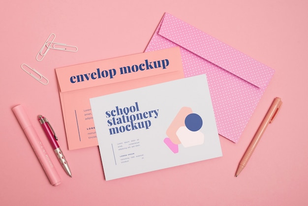 PSD top view of monochrome stationery collection with pastel colors