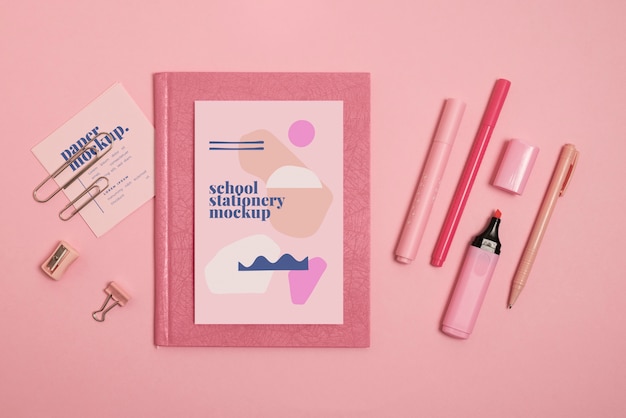 PSD top view of monochrome stationery collection with pastel colors