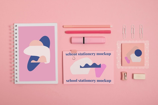 PSD top view of monochrome stationery collection with pastel colors