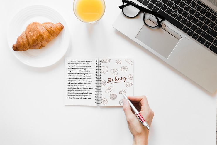 PSD top view morning breakfast concept