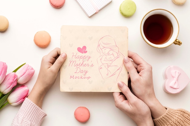 Top view mothers day greeting card concept