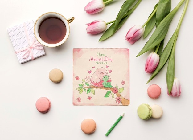 PSD top view mothers day greeting card concept