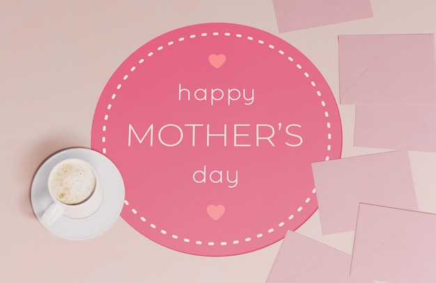 PSD top view mothers day greeting card with mug