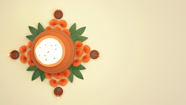 Top view mud pot full of pongal dish over floral rangoli with lit oil lamps diya and copy space on pastel yellow background 3d render