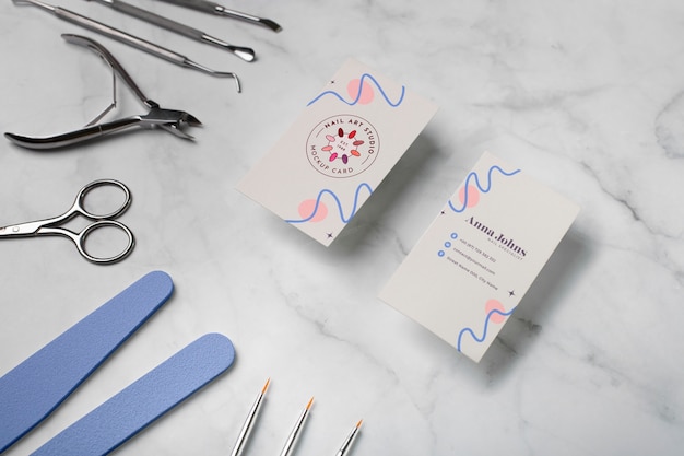 top view on nails business card mockup