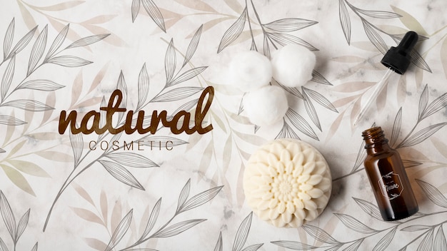 PSD top view of natural essential oil and soap cosmetics