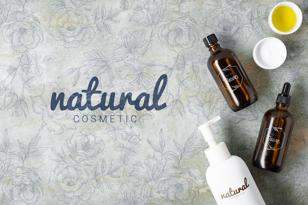 Top view of natural skincare essential oil bottle