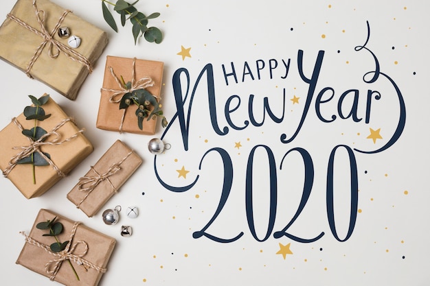 top view of new year and gifts