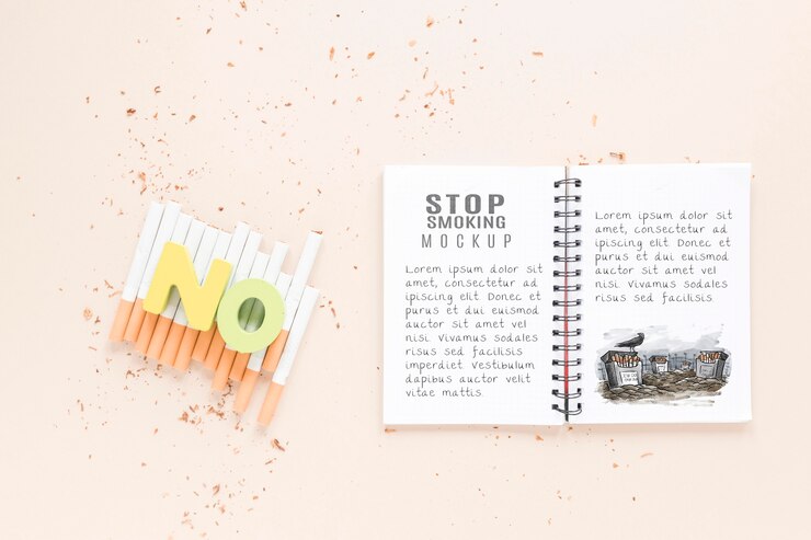 PSD top view notebook and cigarettes mock-up