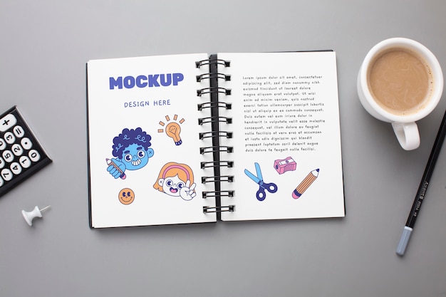 PSD top view notebook and coffee cup