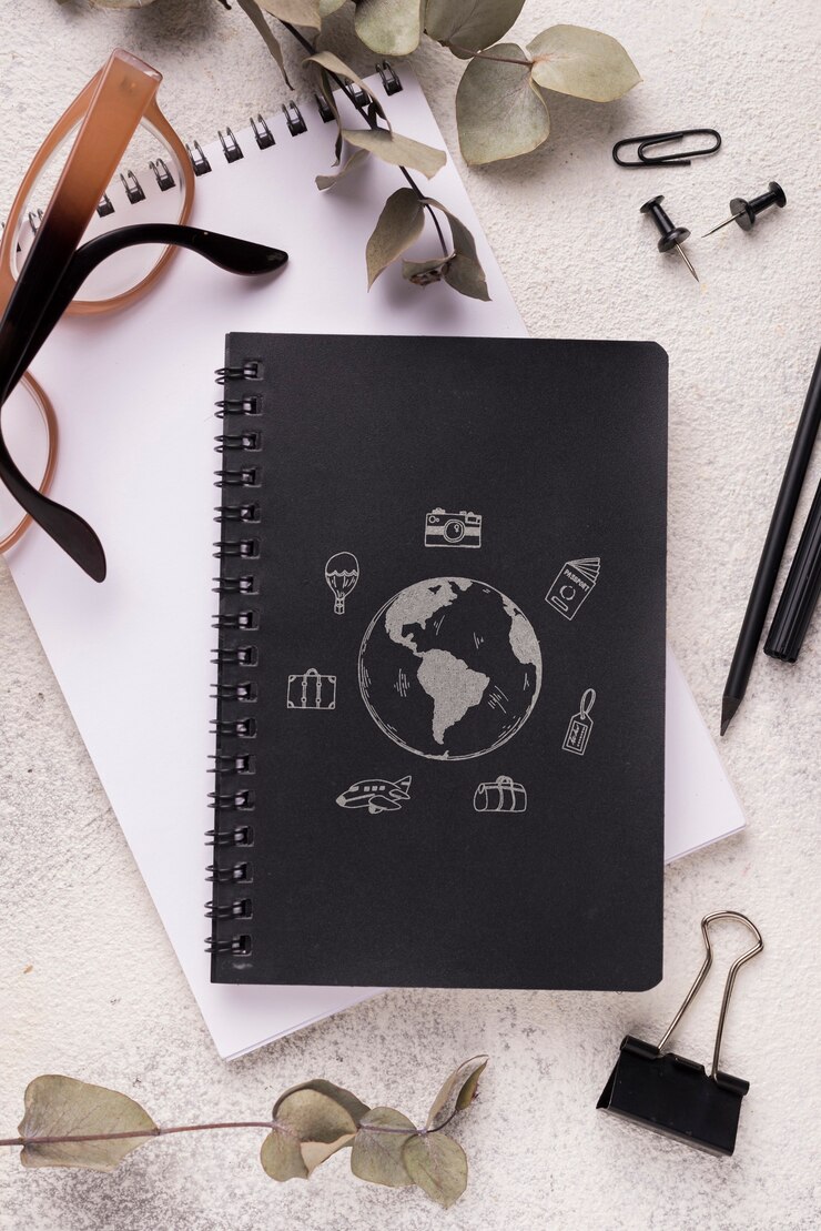 PSD top view notebook mock-up on desk
