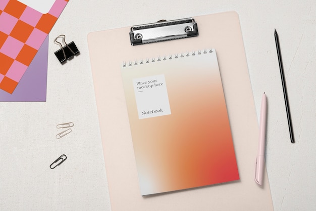 Top view notebook on desk mockup