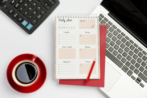 PSD top view notebook with daily tasks concept