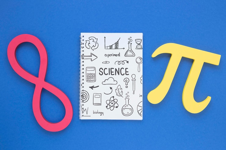PSD top view of notebook with pi sign and infinity