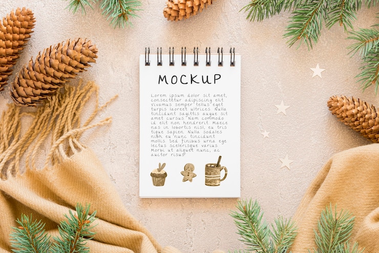 PSD top view of notebook with pine cones and scarf