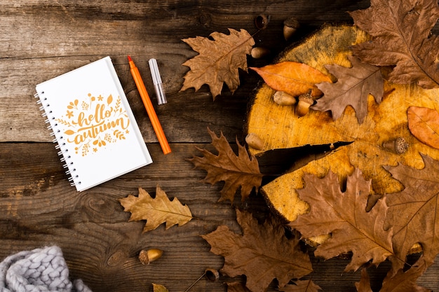 Top view notebook on wooden background