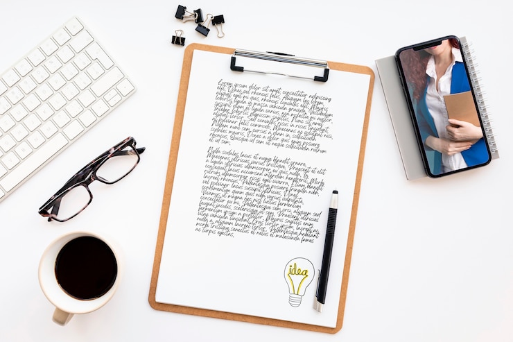 PSD top view notepad and phone mock-up