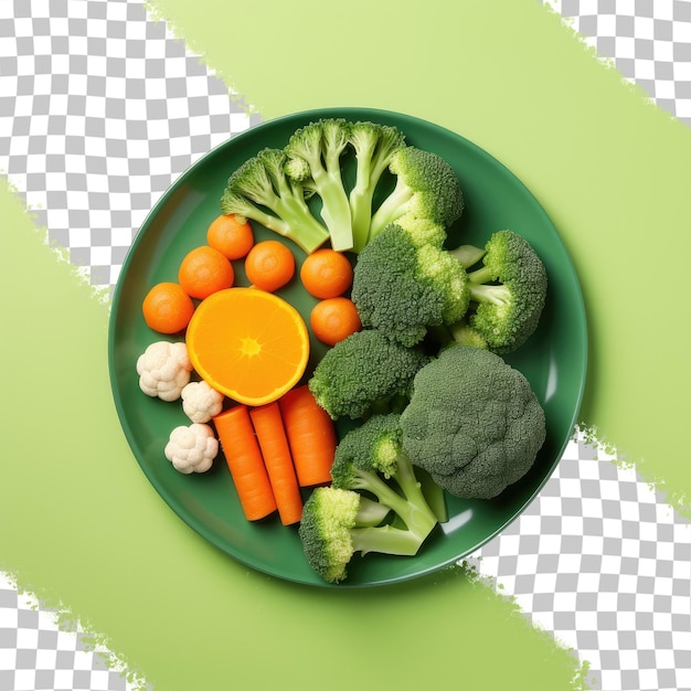 PSD Вид сверху на тарелку со здоровыми овощами на красочном фоне, представляющую диетическую еду