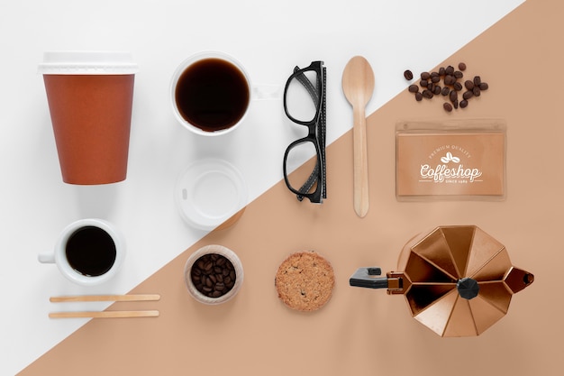 PSD Вид сверху макета концепции кофе