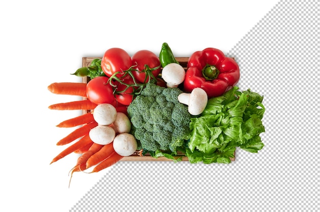top view of vegetable in wooden box, mockup