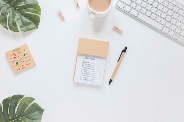 PSD top view office desk concept with mock-up