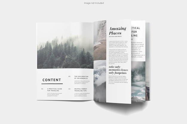 PSD top view opened magazine mockup design rendering isolated