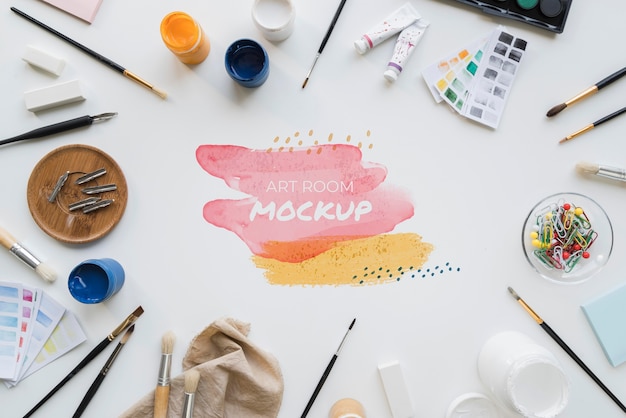 top view painting artist desk with tools