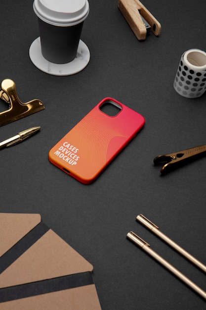 PSD top view on phone case mockup